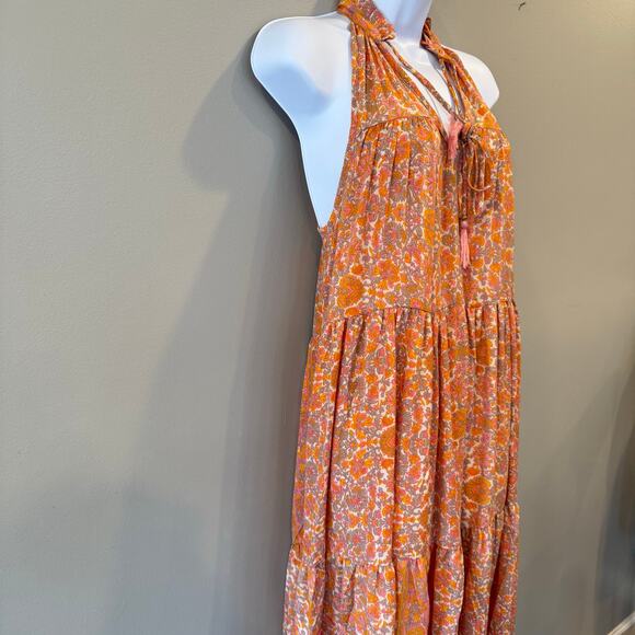 Raga Shalina Ruffle Tassel Tie Collar Satin Maxi Dress Orange Pink Sz Med NWT - Picture 4 of 9
